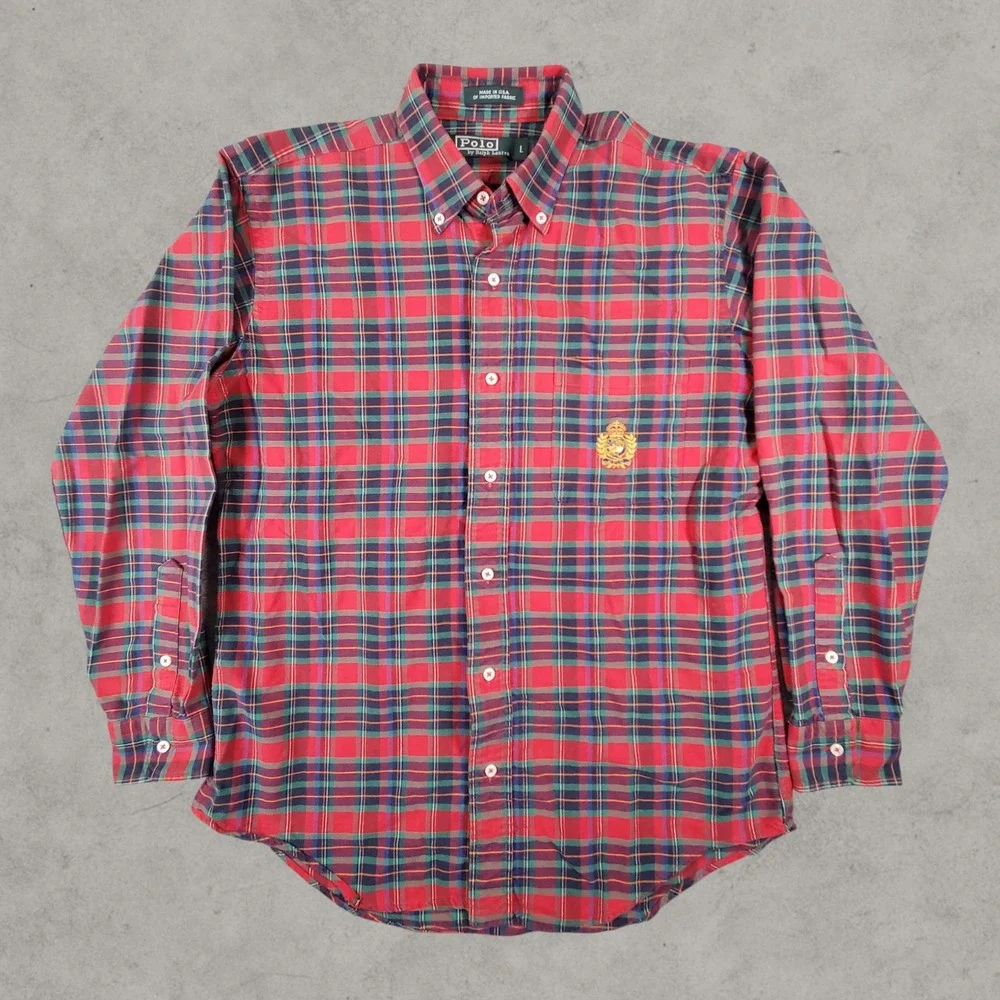 Polo Ralph Lauren Button Down Mens L Red Plaid Crest Logo Long Sleeve USA Made